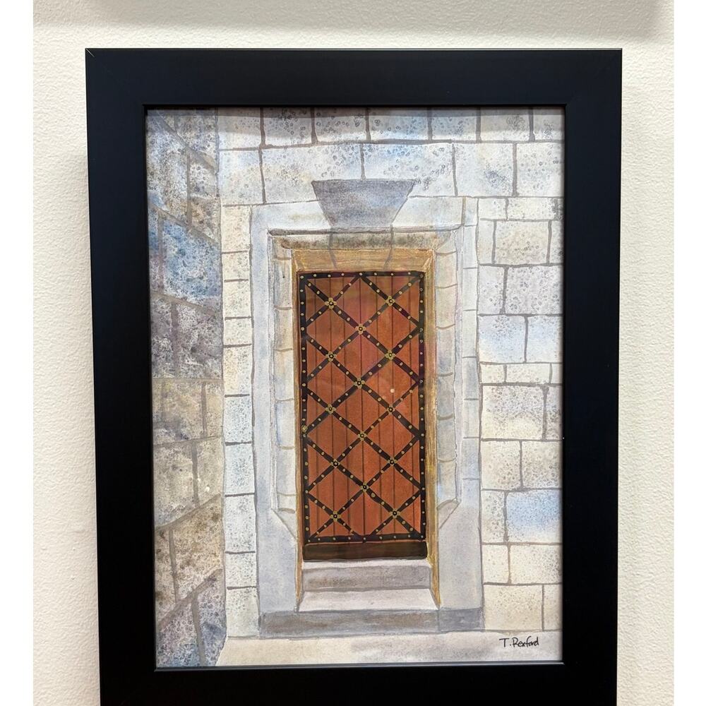Hand painted watercolor original painting stone wall wood door NO FRAME INCLUDED
